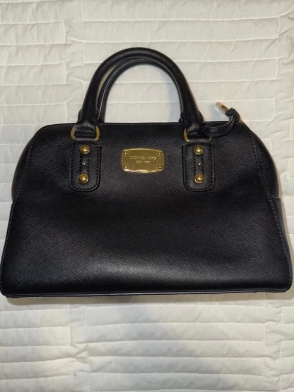 Michael Kors Black Saffiano Dome Satchel with Gold Hardware